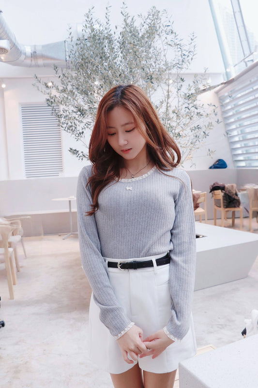 蝴蝶結Lace邊直紋Top