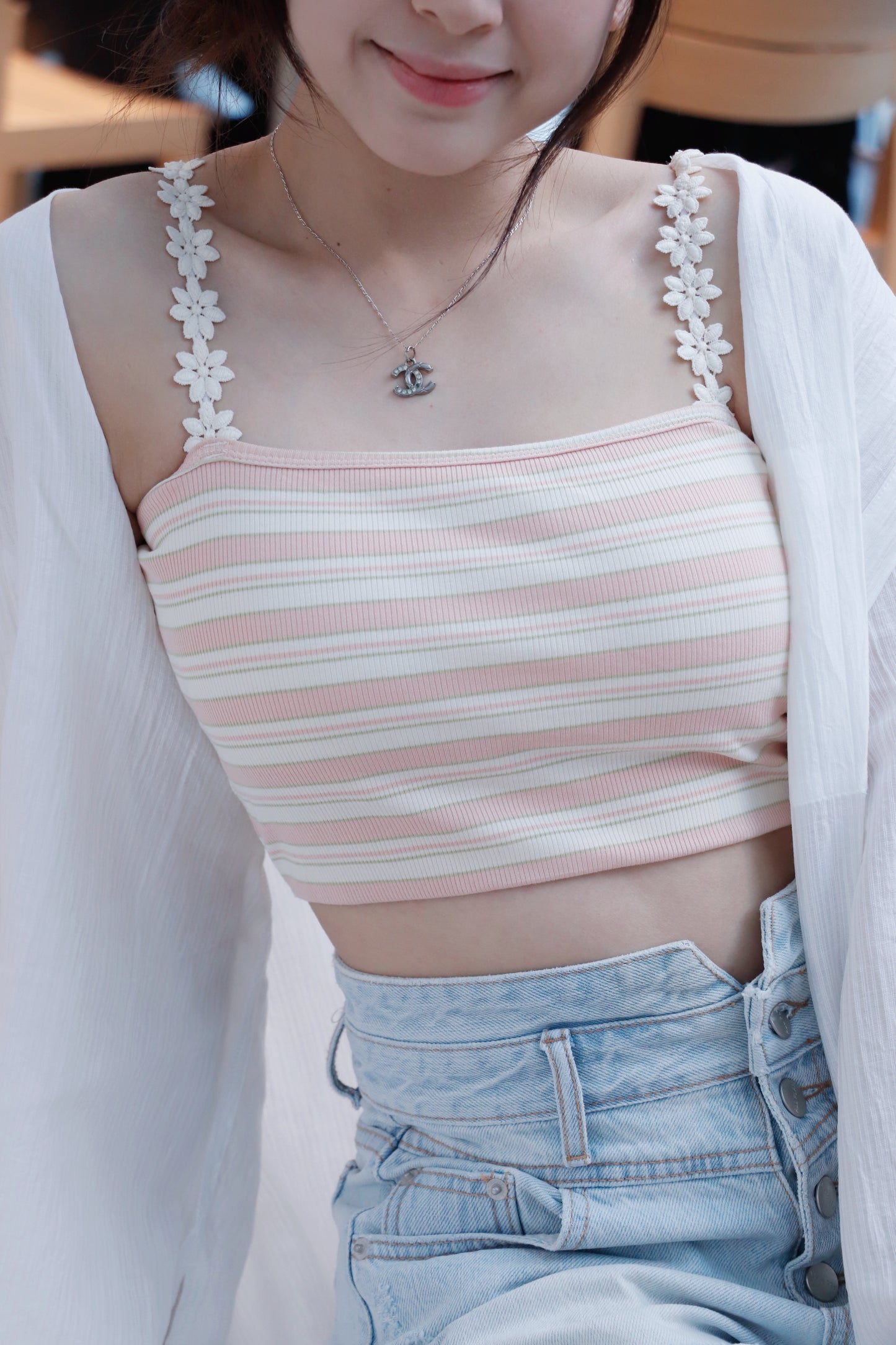 刺繡小花吊帶條紋 Bra Top
