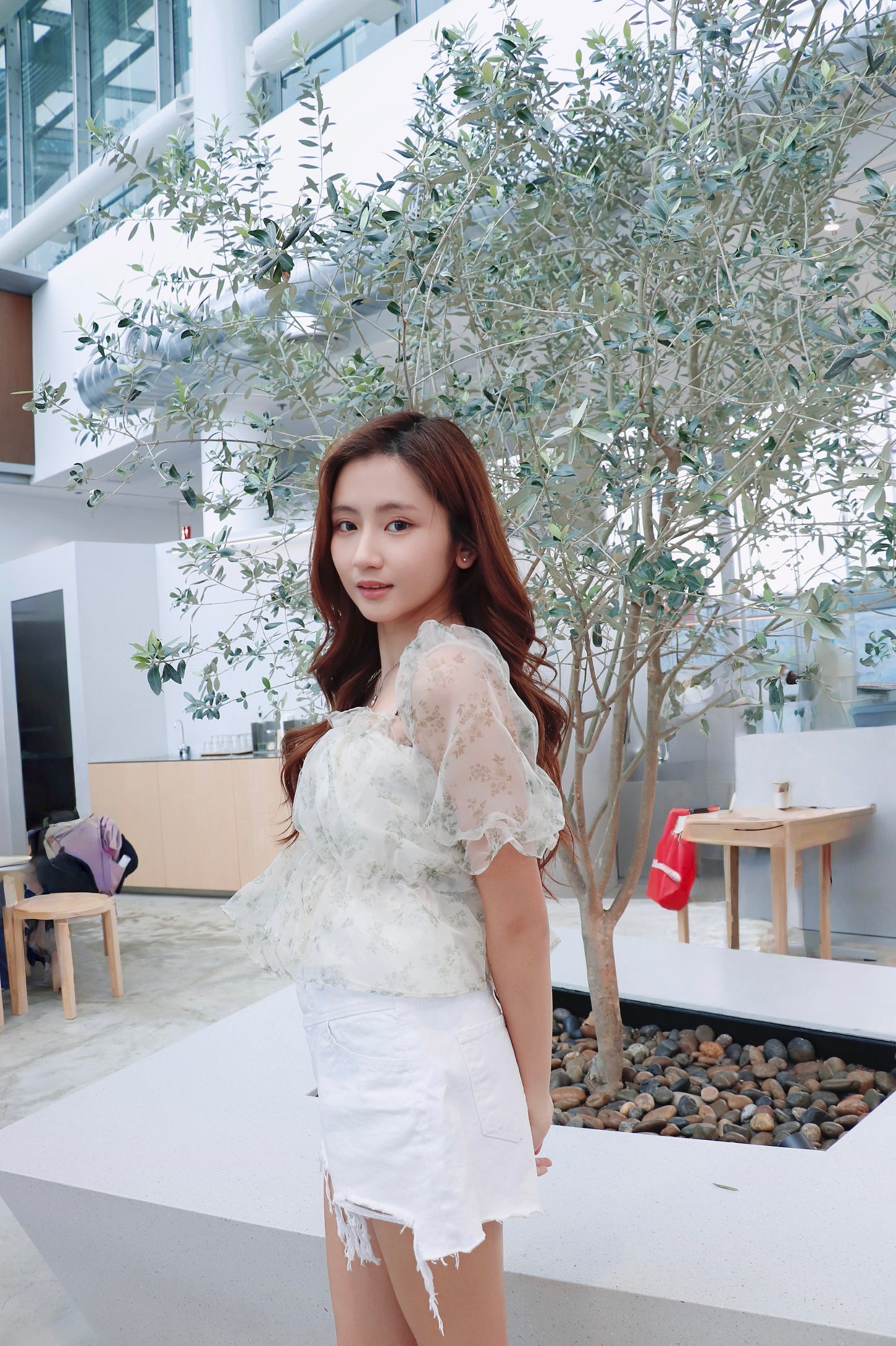 薄紗碎花兩著泡泡袖衫